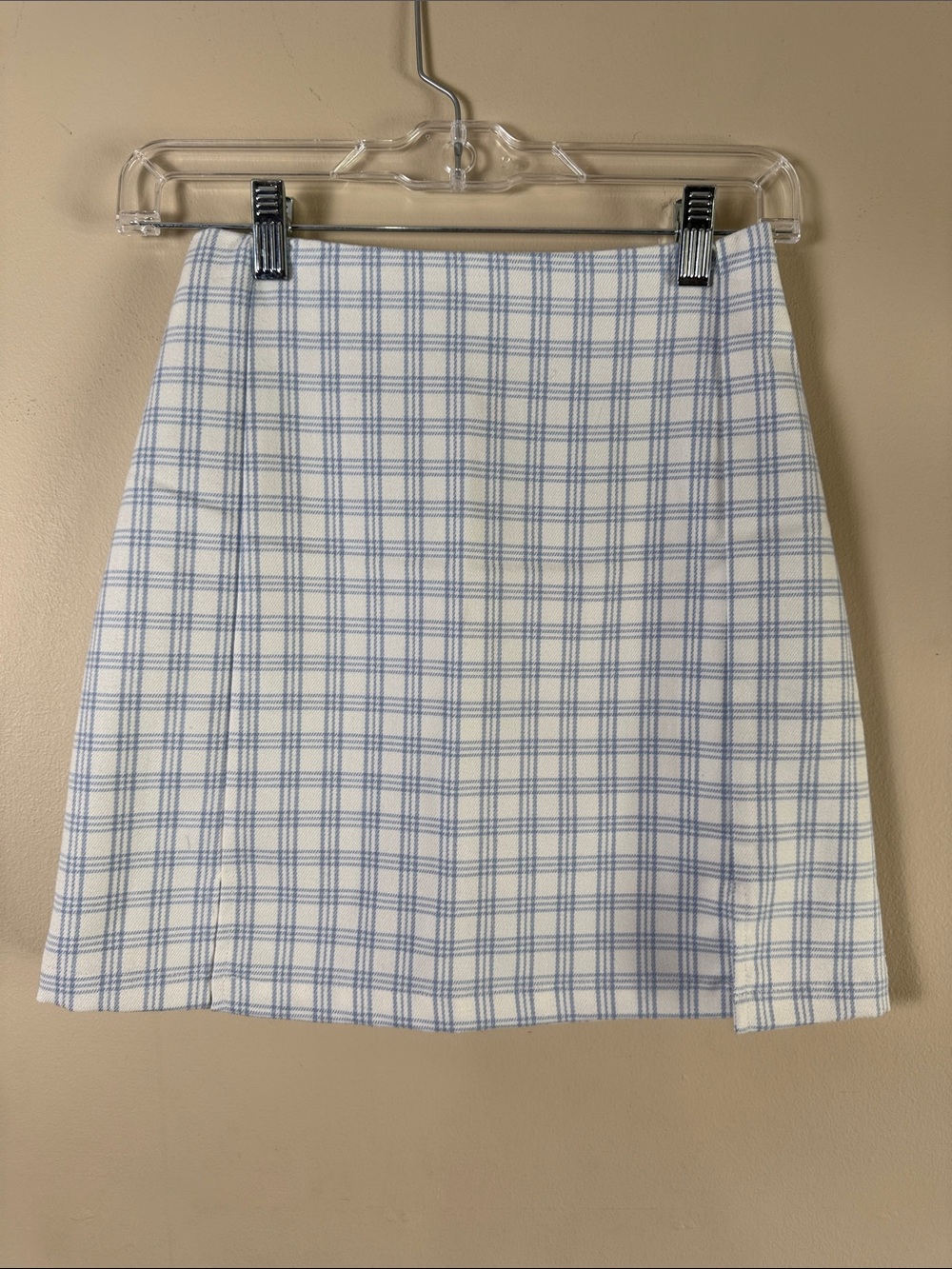 John Galt Women's Plaid Mini Skirt Cara Front Slit Blue White Size XS / Small